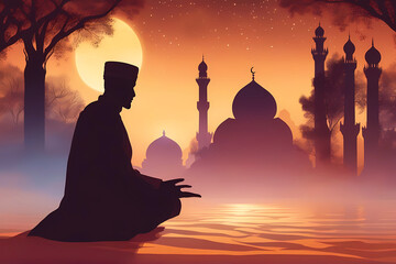Silhouette of a muslim man offering namaaz on the ocassion of eid-ul-fitr.	