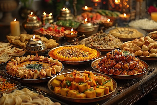 Tables filled with traditional dishes like samosas, pakoras, and sweets like ladoos and jalebi.