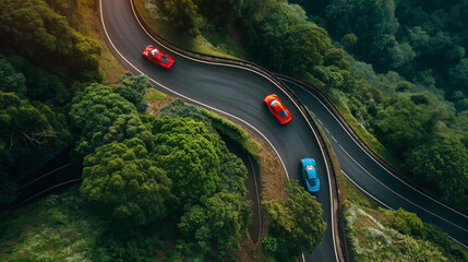 Sports cars racing on a mountain road, aerial view