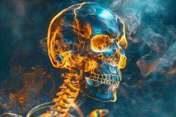 a skull with flames in the background - obrazy, fototapety, plakaty