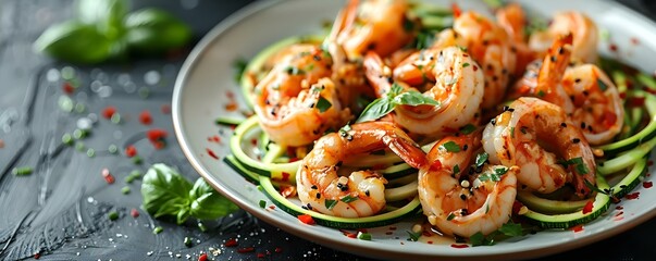 Gluten-Free Shrimp Scampi with Zucchini Noodles Served on a White Plate. Concept Gluten-Free Recipes, Shrimp Scampi, Zucchini Noodles, Healthy Eating, Food Presentation