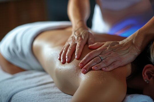  a woman person receiving a massage in a spa / massage treatment place