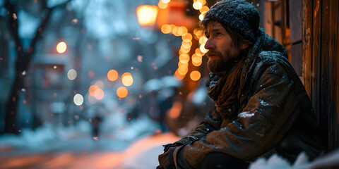 Old Homeless Man Sitting on the Street in Winter. Homeless Beggar on Snowy Street