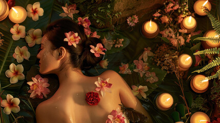 Close-up of a woman's back adorned with colorful flowers amidst a candlelit spa setting