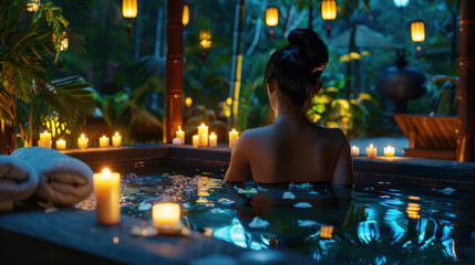 An opulent relaxation scene with candlelight flickering over water amidst tropical plants for a deeply relaxing atmosphere