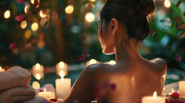Serene scene of a young woman enjoying tranquility surrounded by candlelight, petals, and soft lighting, conveying relaxation and self-care