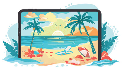 Fototapeta na wymiar Holiday at the beach on a tablet screen illustration