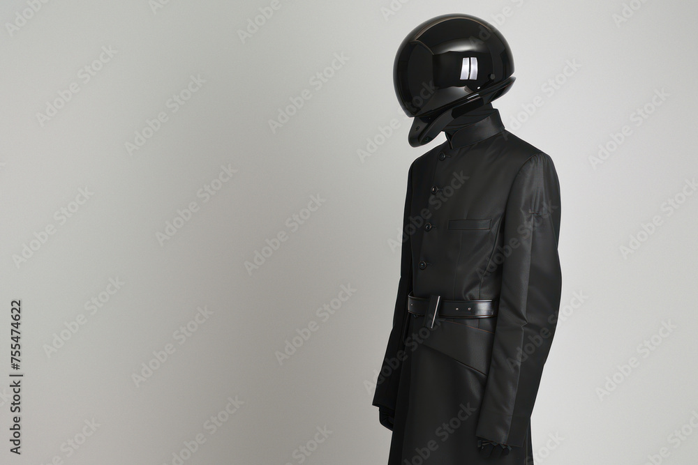 Poster A side view of a mysterious figure in a tailored black suit and dark helmet isolated on a soft grey background