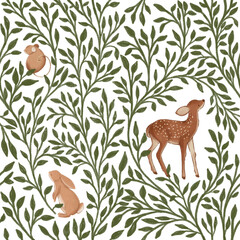 Woodland seamless pattern with floral, deer, bunny and mouse - 755474800