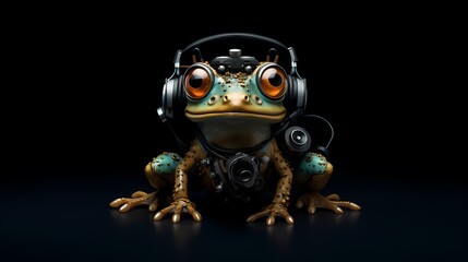 Ein farbiger Frosch mit Kopfhörern. - obrazy, fototapety, plakaty
