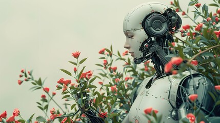 Ein weiblicher Roboter und wunderschöne Blumen.