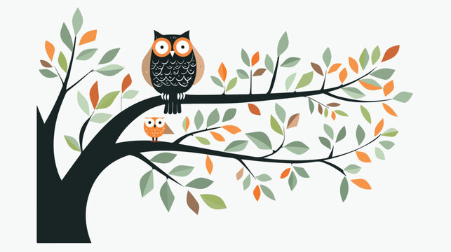 Illustration of contour tree with owl flat vector 