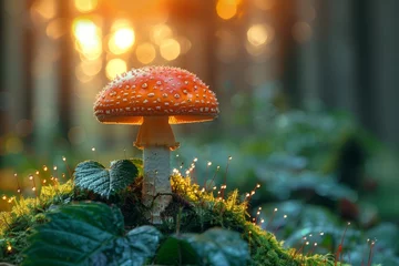 Poster A red toadstool in the forest with sunshine and trees and a blurred bokeh background, Fly Agaric or Fly Amanita with moss and leaves in a wood, An autumn scene with red poisonous mushroom © M