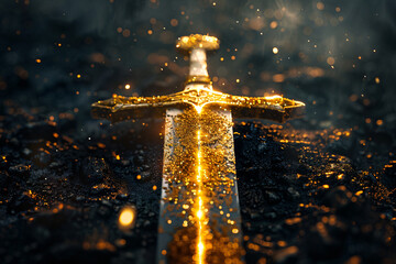Bright sword with glowing particles on a dark background