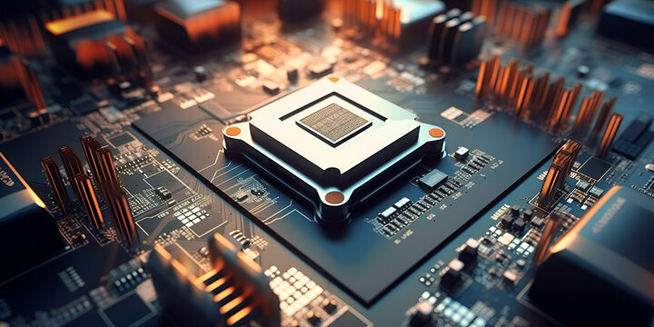 electronic circuit board, Closeup of a computer processor chip with intricate circuitry, Digital Fortune Gold Bitcoin on Electronic Computer Processor,  chips close up blurry background, Generative AI