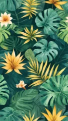 Plexiglas foto achterwand Beautiful seamless vector floral pattern, spring summer background with tropical flowers, palm leaves, jungle leaf, gloriosa lily flower,  Leaves Blossom, Exotic wallpaper, Hawaiian, watercolour style © Govindan