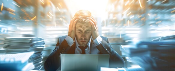 Frustrated businessman holding his head by two hands  in front of the laptop, under stress causing a headache. With pile of books, work overtime. 