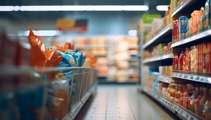 A blurry image of a grocery store aisle with a cart in the middle - obrazy, fototapety, plakaty