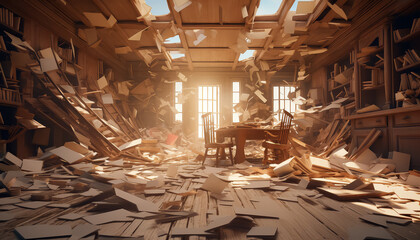 A room with a chair and a pile of books - obrazy, fototapety, plakaty