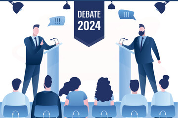 Open debates 2024 before vote. Leaders of political parties conducting intense discussion on public debates. Two male politicians debate on podium.