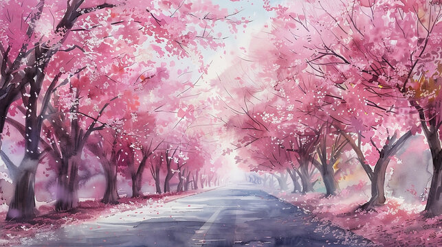 桜並木,満開の桜,春のイメージ素材/AI生成画像