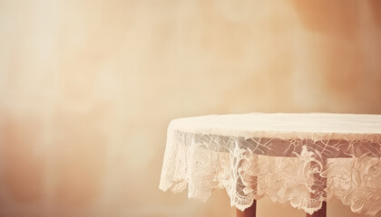 A table covered in a white lace tablecloth