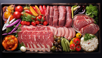 A tray of meat and vegetables is displayed on a table