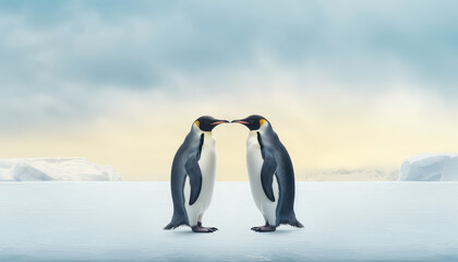 Two penguins standing next to each other on a snowy surface