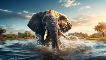 A large elephant is running through a river, splashing water everywhere