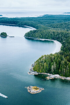 Aerial of Tofino inlet with islands