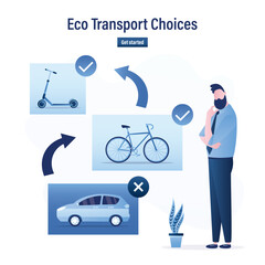 Eco transport choice concept. Smart man select bicycle as green option while rejecting car. Embracing eco-friendly mobility for sustainable future. Ecology, caring for environment.