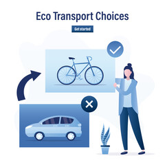 Eco transport choices concept. Woman select bicycle as green option while rejecting car. Embracing eco-friendly mobility for sustainable future.