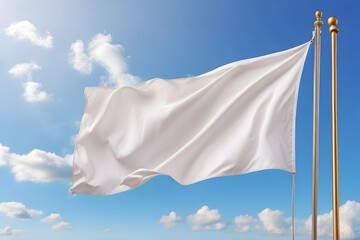 White flag blank waving in a mockup template design, with a blue clear sky with some clouds design.