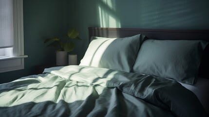 bed in a room, early morning light. Green color palette.