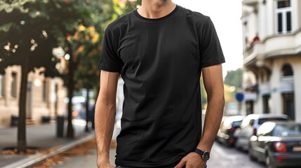 Black t-shirt mockup, view from the front, realistic.