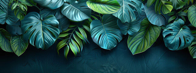 Tropical leaves on dark background, nature banner with copy space.