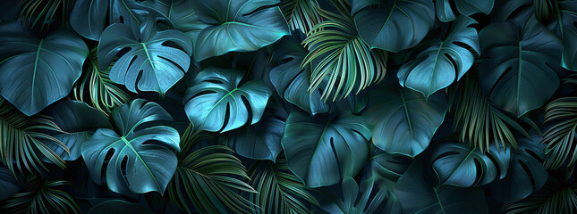 Tropical monstera leaves in dark blue tones, seamless nature background.