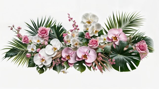 Flower arrangement with orchids and palm leaves on white background