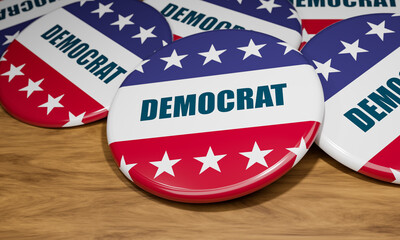 Close-up democrat badges with the national flag of the United State and in the word 