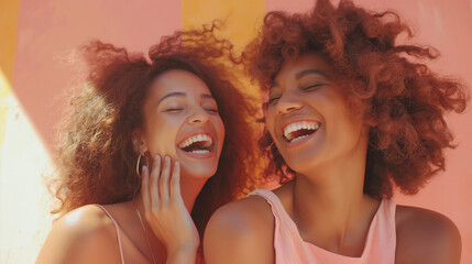 Laughing African American women Sharing a joyful Moment on a coral background