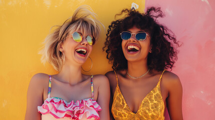 Two young women laughing together in bright summer outfits outdoors  