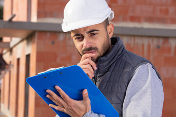 young inspector man wearing builder safety helmet and using clipboard