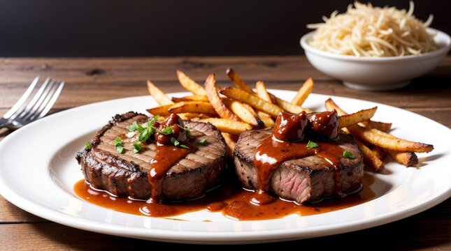 Juicy steak with fries and gravy on a plate. Studio photo.