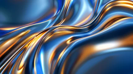 Foto op Plexiglas glistening chrome metal waveforms, textured yellow and blue chrome liquid background © artestdrawing