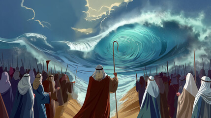 Jewish exodus biblical story cartoon illustration - Moses parting the Red Sea for the Israelites to cross, the sea opens into two big waves forming a passage