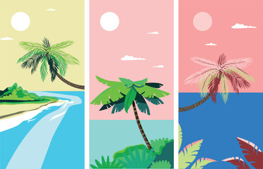 Ocean coast. Chill vibes. Palms and ocean. Marine vector landscape. 