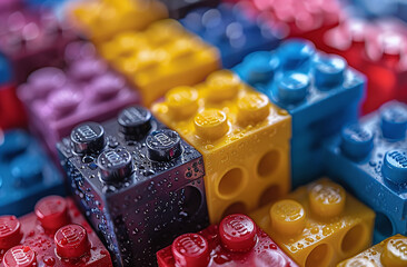 Colorful interlocking plastic bricks (commonly known as LEGO) with water droplets, close-up with selective focus. - obrazy, fototapety, plakaty