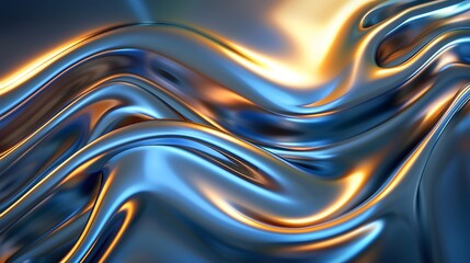 reflective chrome metal undulations, textured yellow and blue chrome liquid backdrop