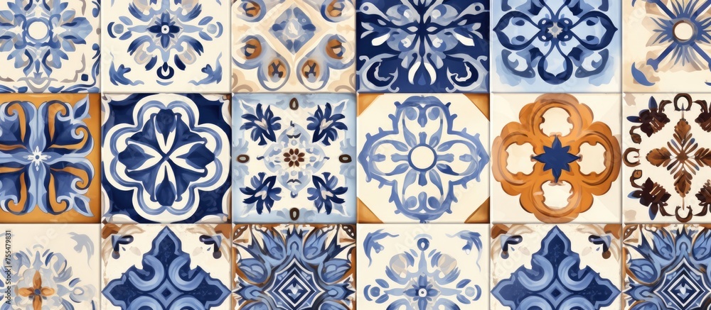 Poster a collection of blue and white tiles featuring a variety of intricate geometric and floral designs. 