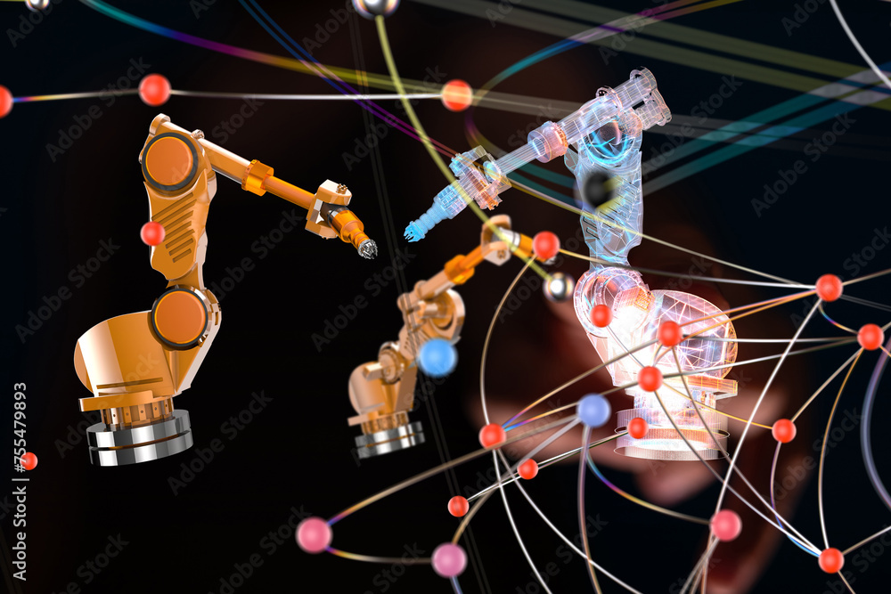 Poster Neural network 3D illustration. Big data and cybersecurity - 3d
